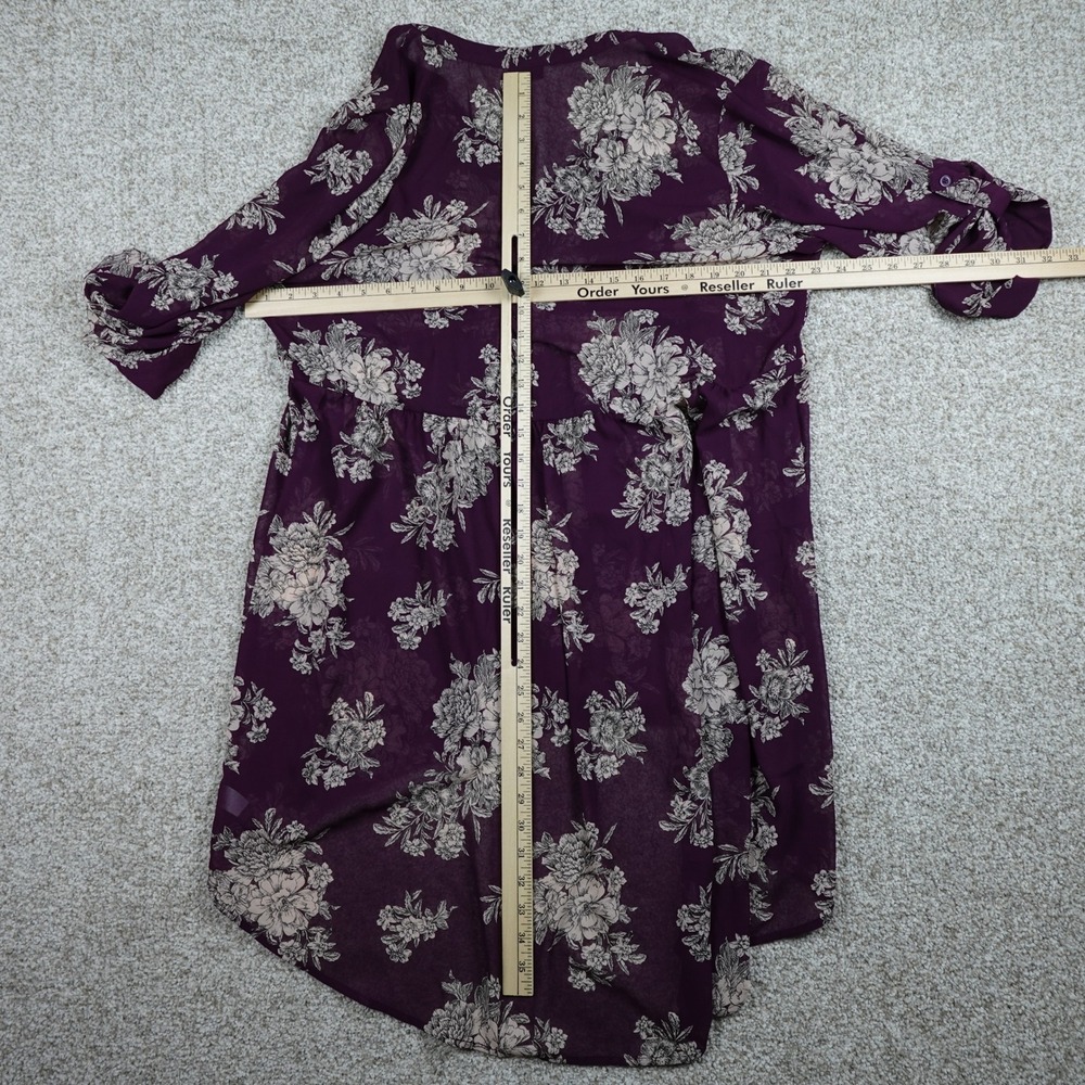 Torrid Burgundy Floral Sheer High-Low Tunic Shirt Womens 2 Plus V-Neck Roll Tab - Picture 5 of 5